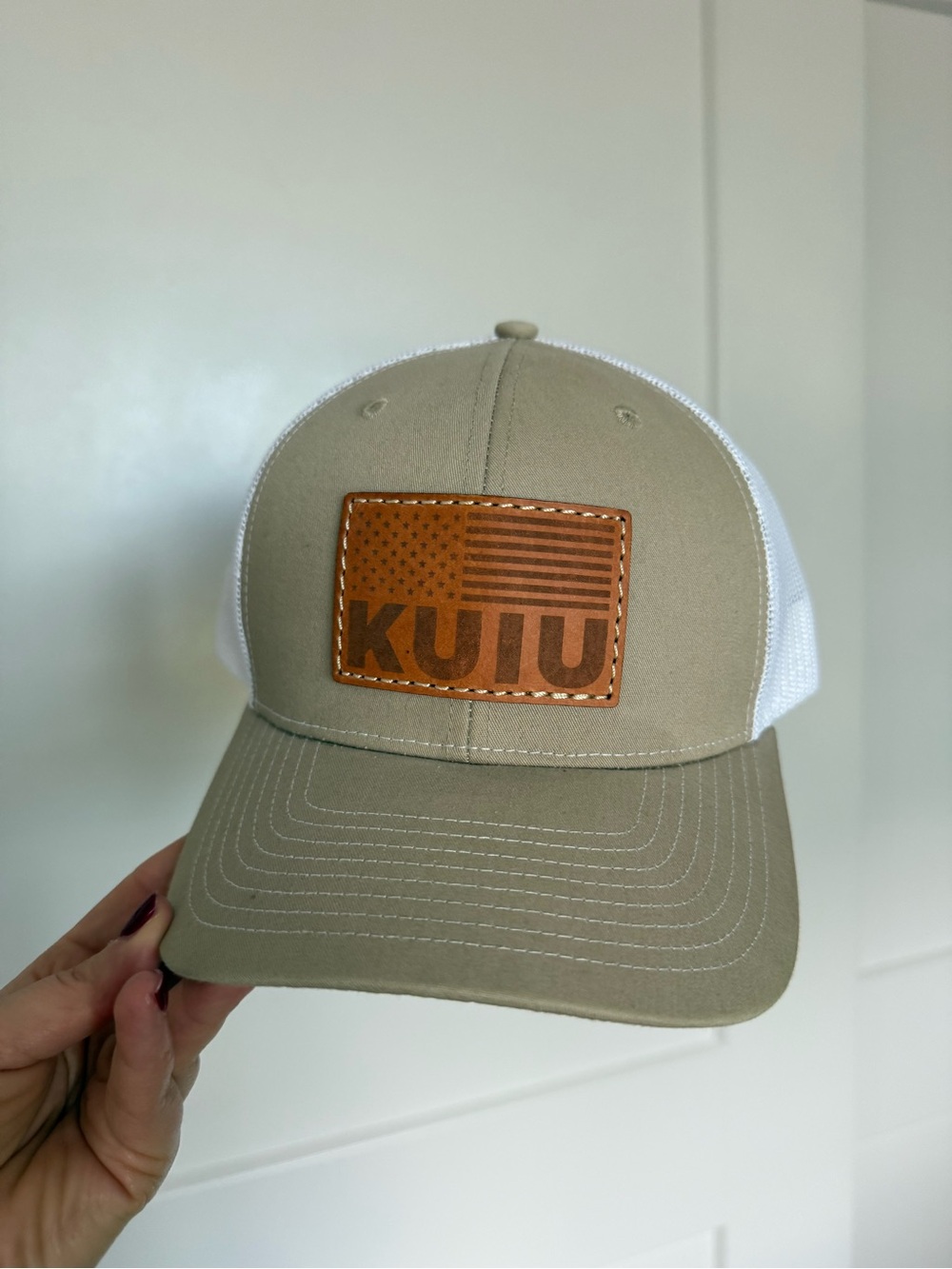 KUIU Tan & White Mesh Snapback with Leather Flag Patch